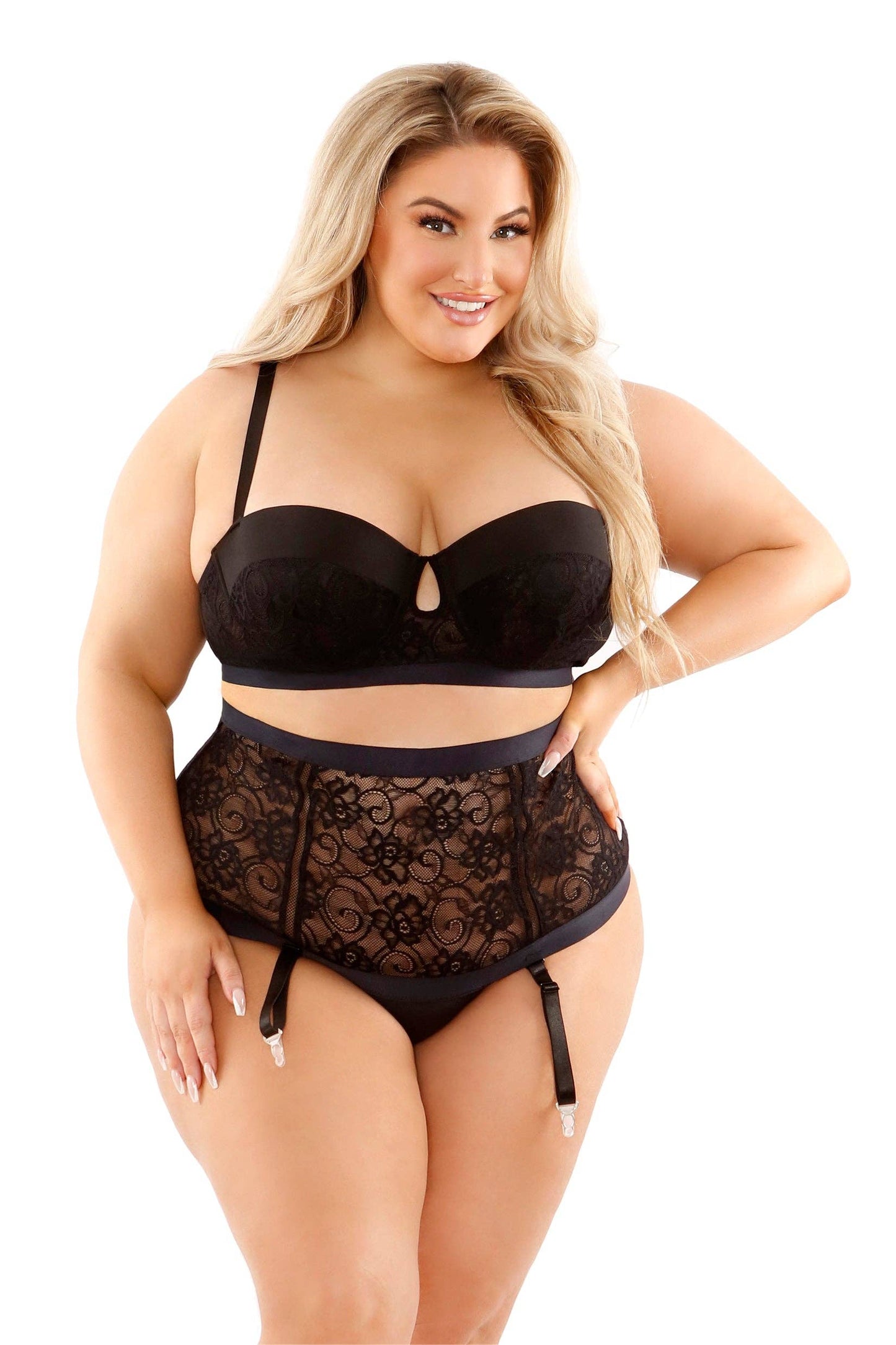 
                  
                    Chloe Keyhole Bra & Gartered High Waisted Panty: Black / 3X/4X
                  
                