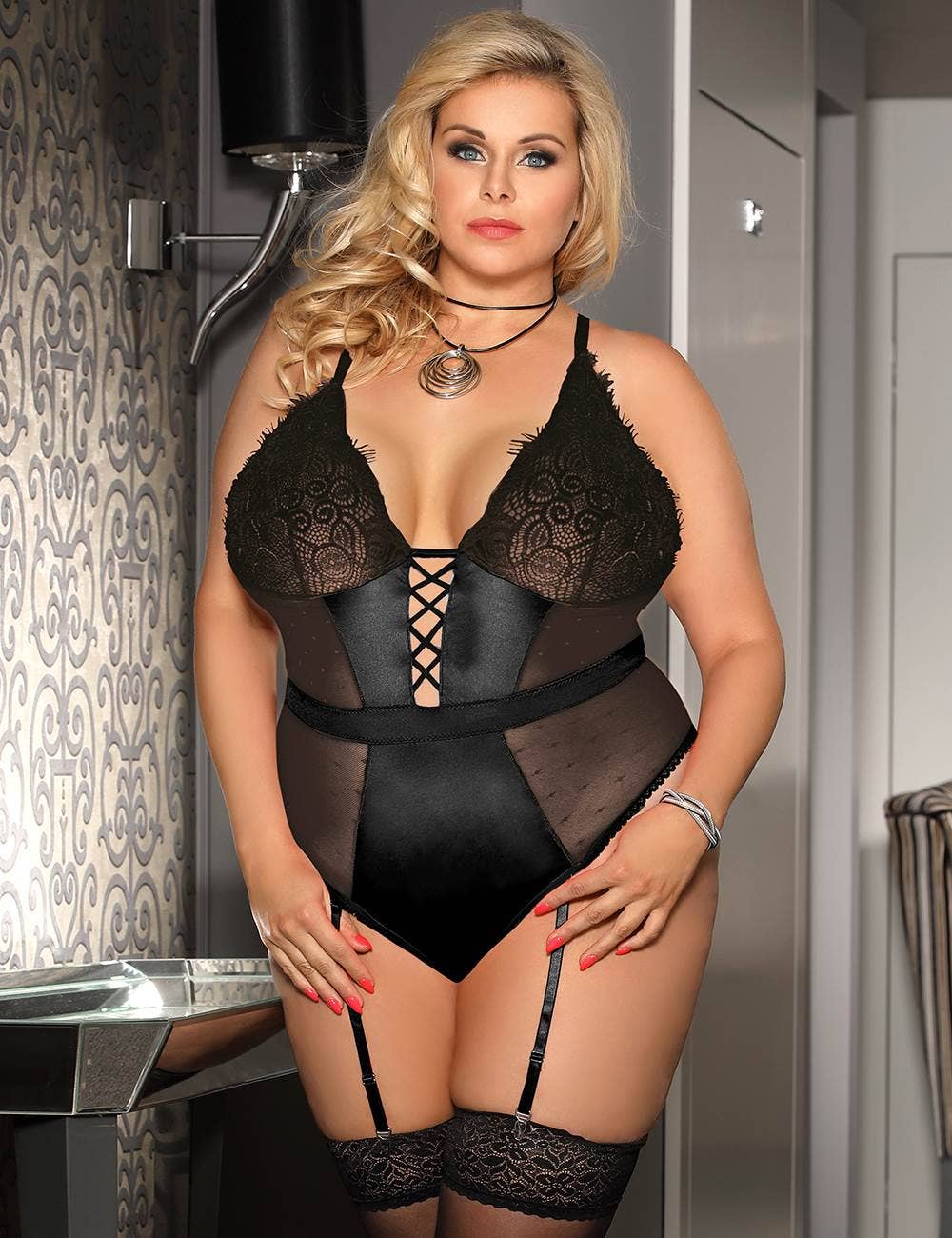 
                  
                    Ladies  Satin Lace Detail  Teddy/Bodysuit  With Garter: Black / 3X/4X
                  
                