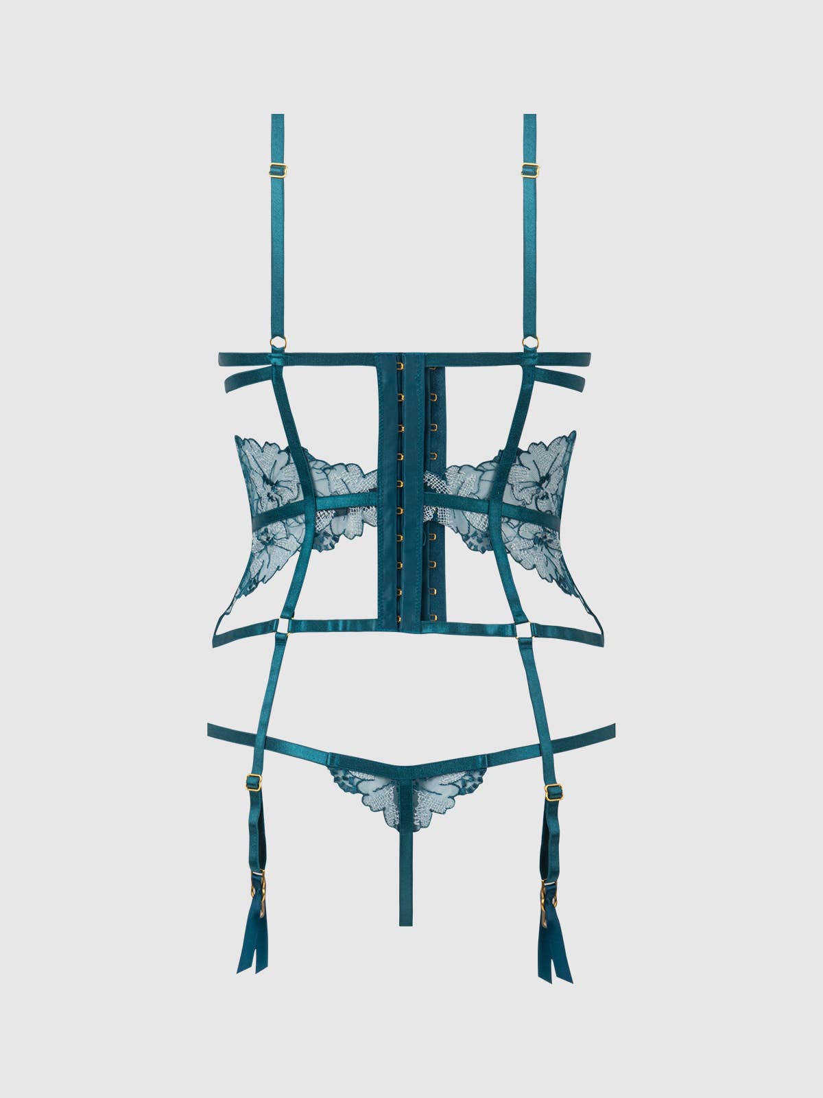 
                  
                    NOVA BLACKLIGHT LACE CORSET & CROTCHLESS G-STRING SET: JADED BLUE / 1X/2X
                  
                