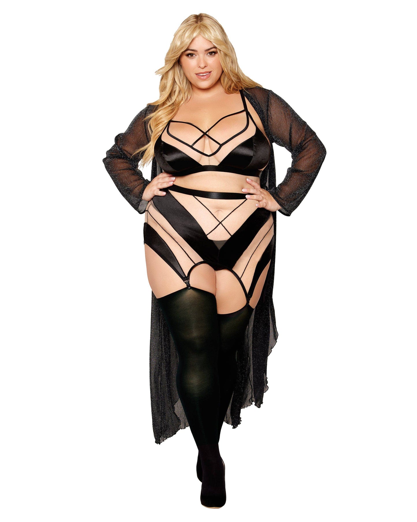 
                  
                    Sheer Panel Bralette, Garter Skirt, and G-String Set: Black
                  
                