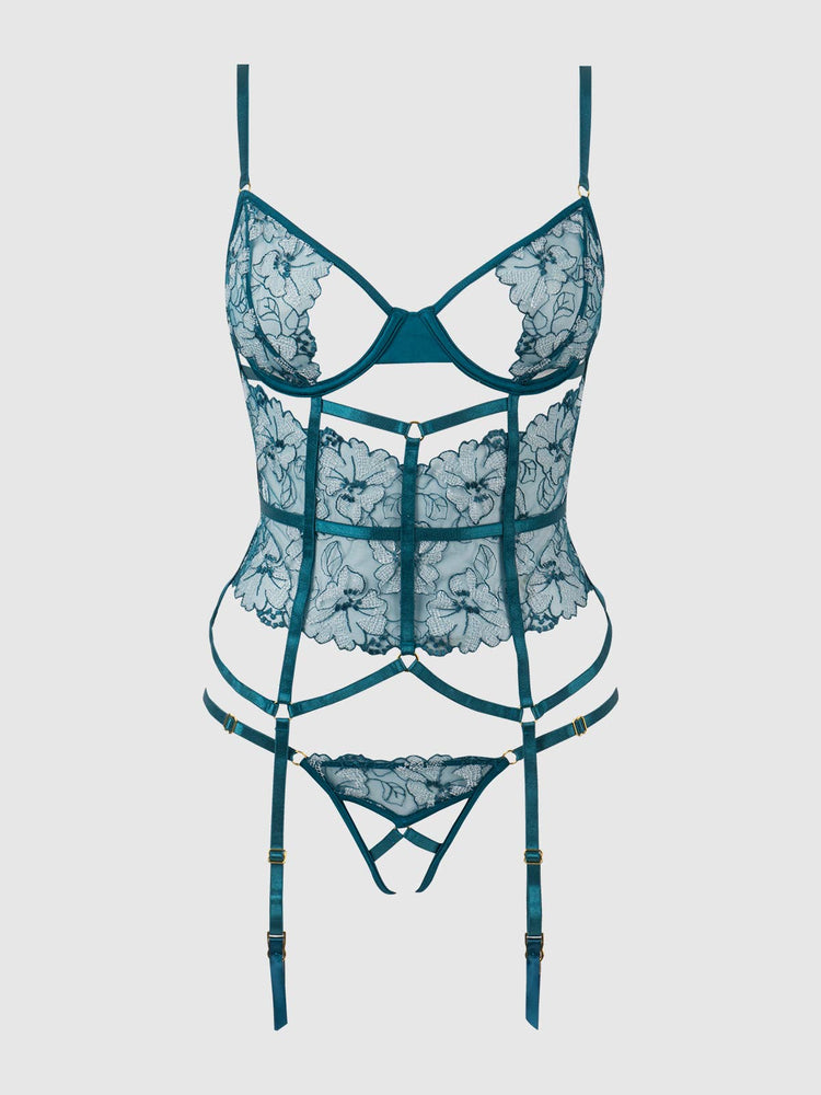 
                  
                    NOVA BLACKLIGHT LACE CORSET & CROTCHLESS G-STRING SET: JADED BLUE / 1X/2X
                  
                