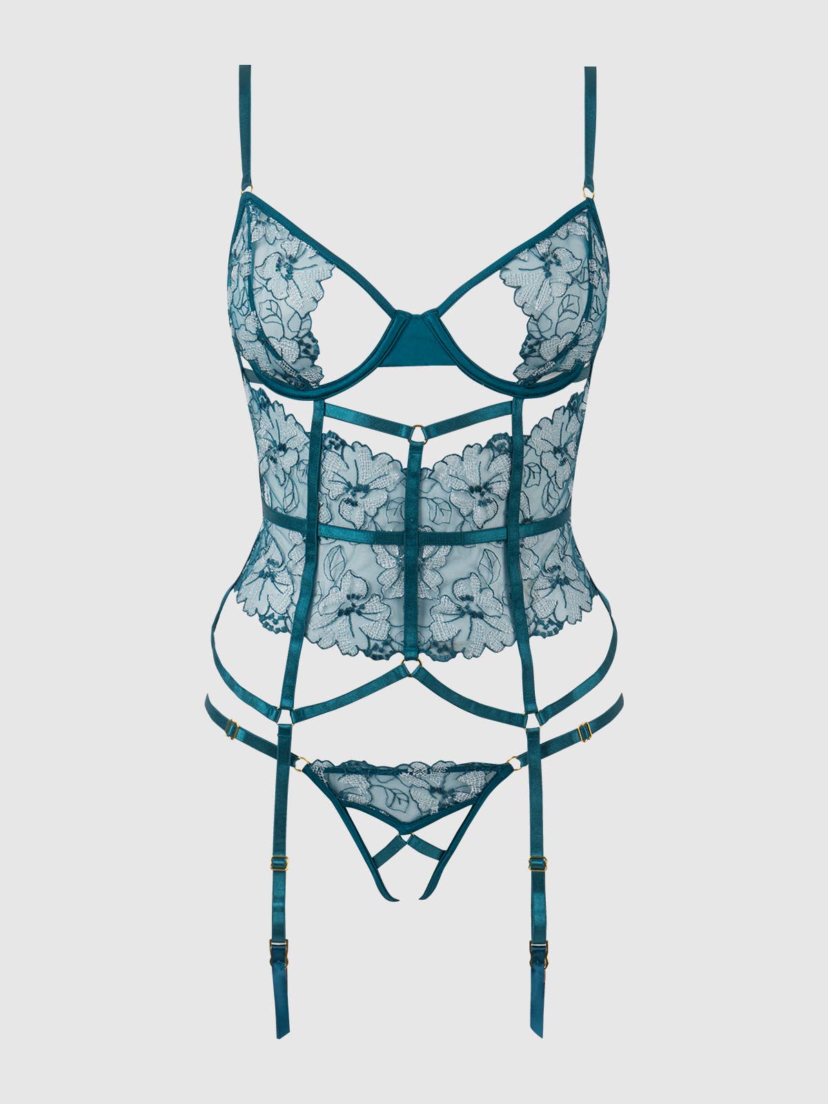 
                  
                    NOVA BLACKLIGHT LACE CORSET & CROTCHLESS G-STRING SET: JADED BLUE / 1X/2X
                  
                