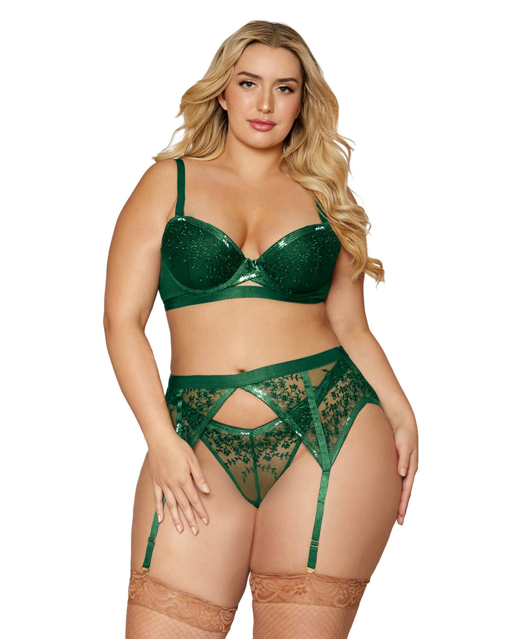 Green Sequined Floral Embroidered Mesh 3 Piece Set