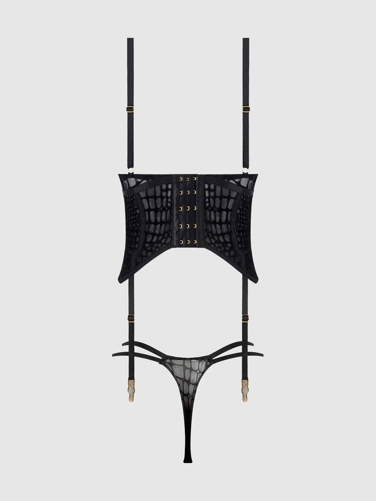 
                  
                    SNAKE VELVET-BURNOUT MESH BUSTIER & THONG SET: BLACK / XL
                  
                