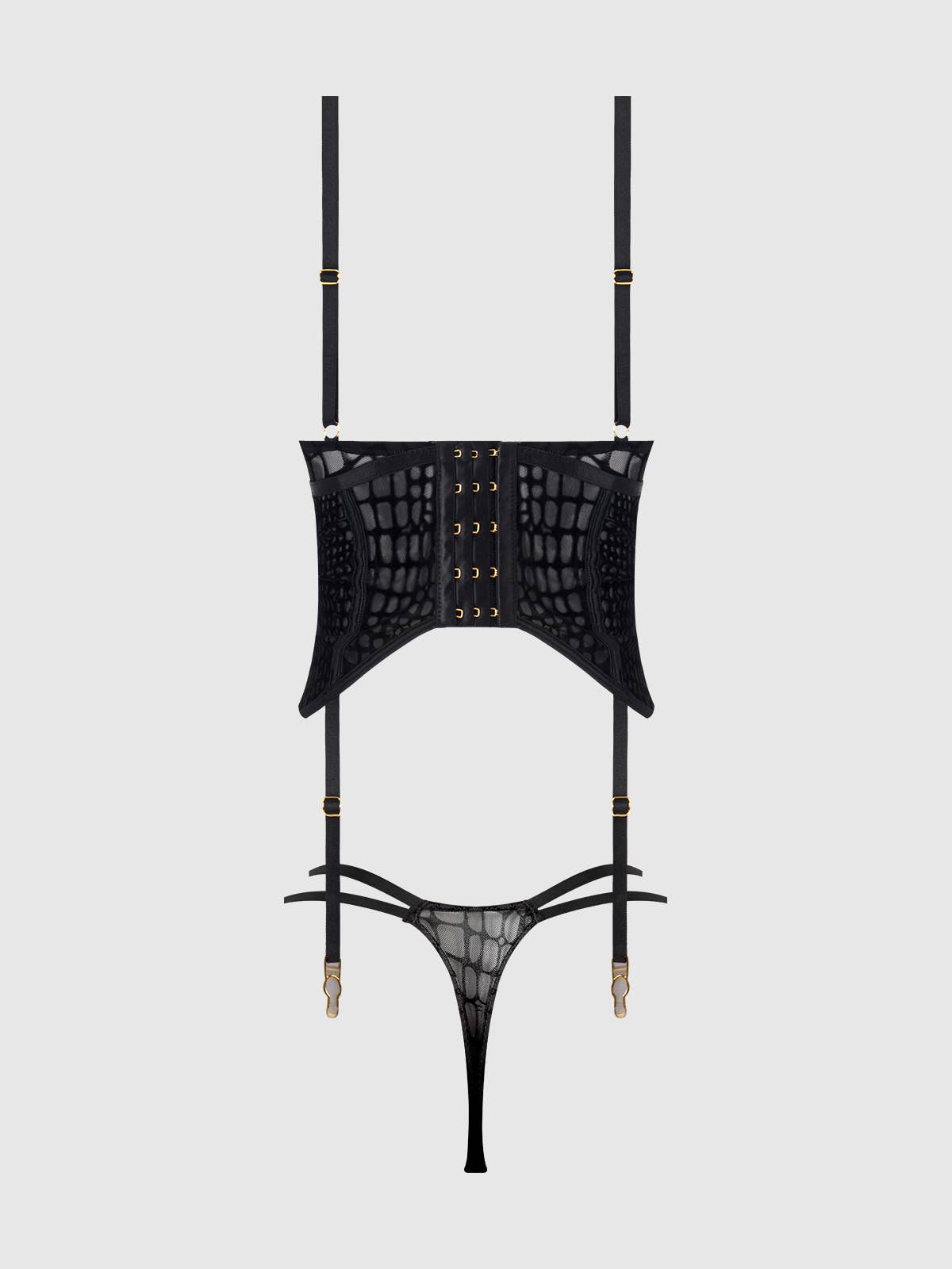 
                  
                    SNAKE VELVET-BURNOUT MESH BUSTIER & THONG SET: BLACK / XL
                  
                
