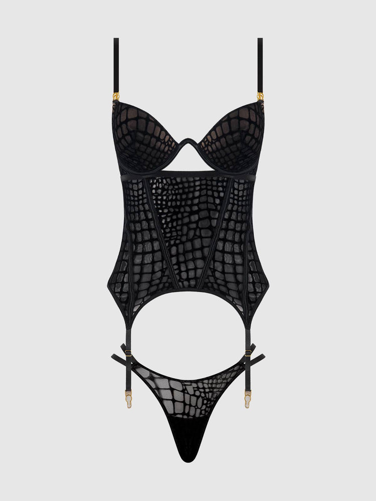 
                  
                    SNAKE VELVET-BURNOUT MESH BUSTIER & THONG SET: BLACK / XL
                  
                