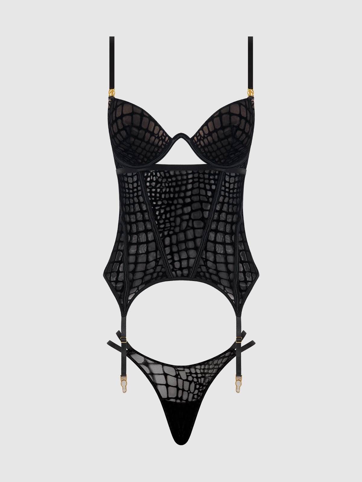 
                  
                    SNAKE VELVET-BURNOUT MESH BUSTIER & THONG SET: BLACK / XL
                  
                