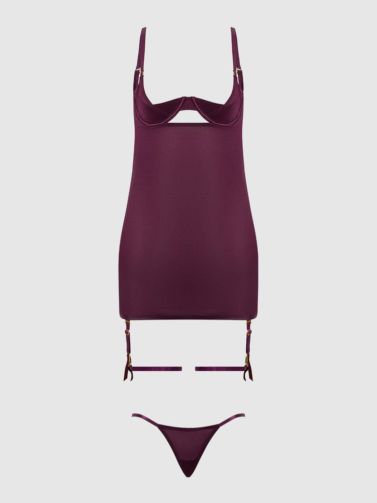 
                  
                    YASMINE SHIMMER MESH O-RING THIGH GARTER CHEMISE SET: PLUM / 3X/4X
                  
                