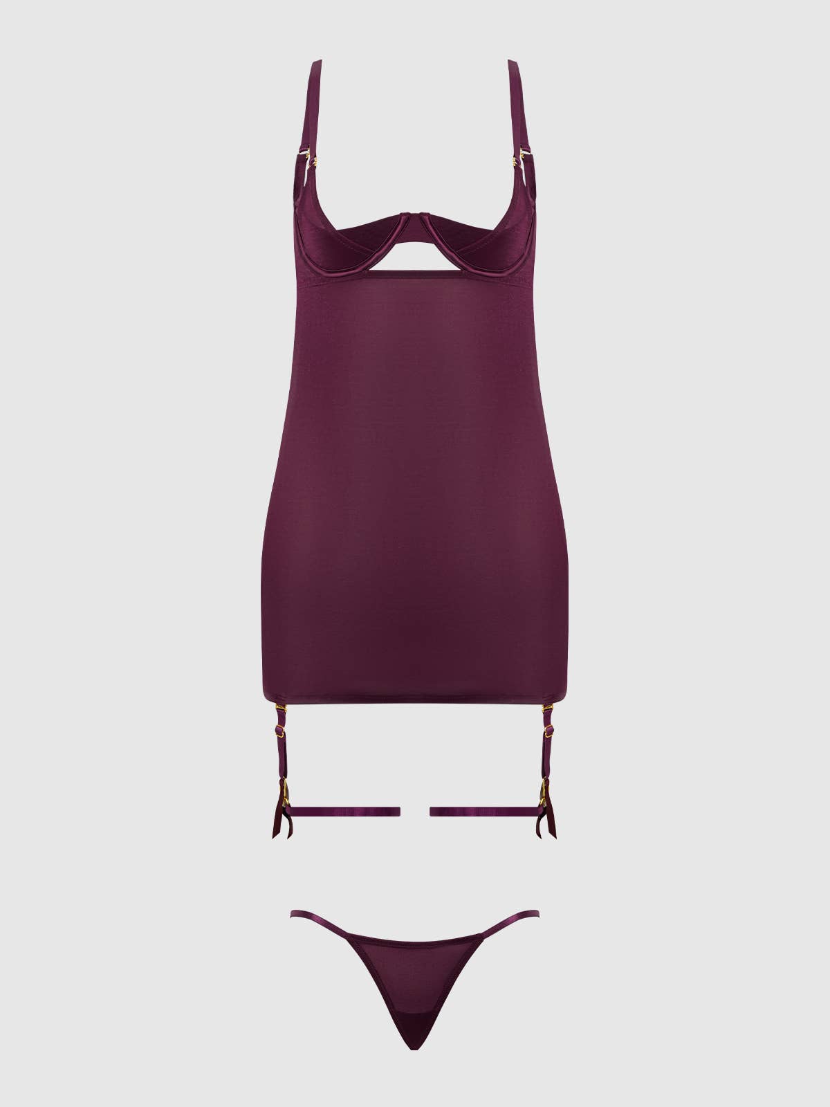 
                  
                    YASMINE SHIMMER MESH O-RING THIGH GARTER CHEMISE SET: PLUM / 3X/4X
                  
                