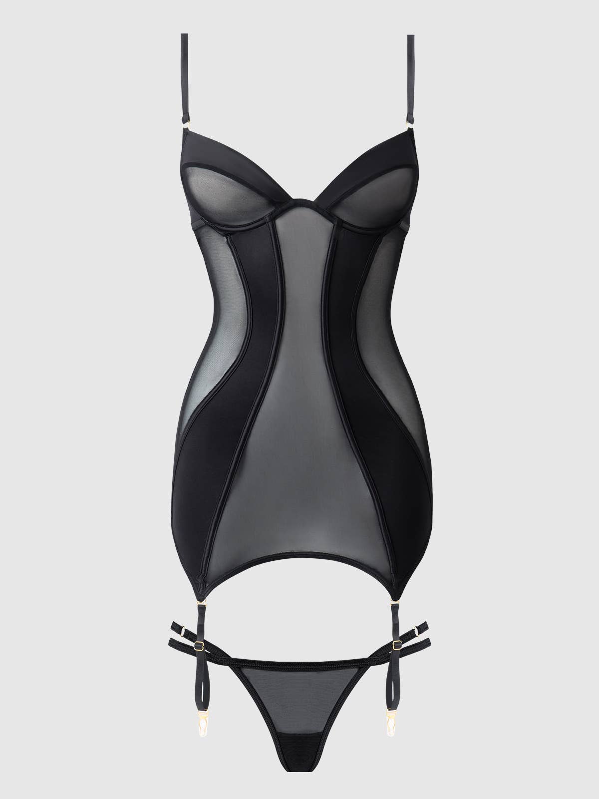 
                  
                    RAQUEL MESH & SILKY MICRO UNDERWIRE CHEMISE & G-STRING SET: BLACK / Large
                  
                