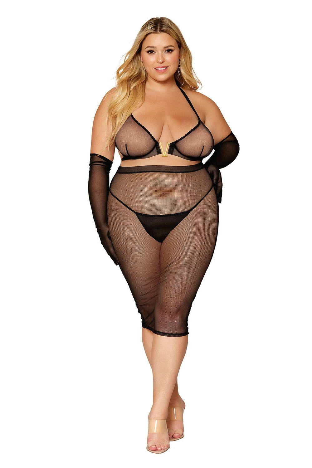 Stretch fishnet bra and slip skirt set: Black